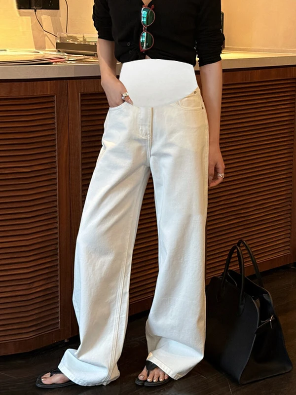화이트 출산 청바지 봄 가을 새로운 스타일 와이드 레그 캐주얼 바지 지지력 있는 긴 바지 편안한 데님 임신복
