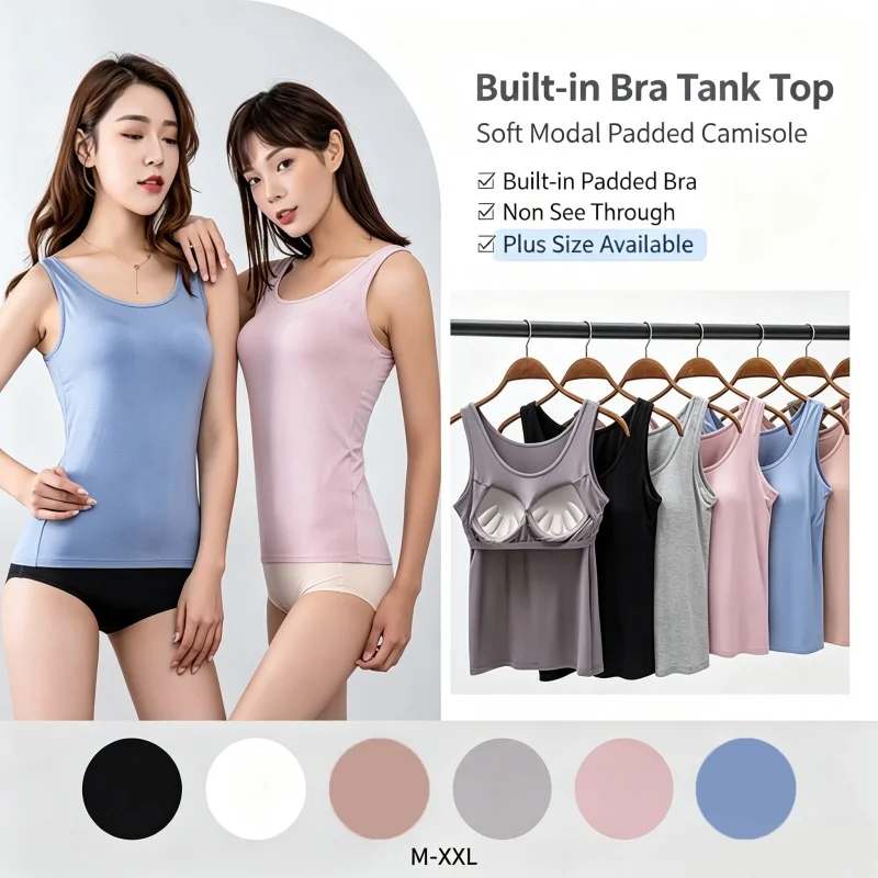 2026 Women's Vest Tops with Built In Bra Neck Vest Solid Color Padded Slim Fit Tank Tops Sexy Shirts Feminino Casual Tank Tops