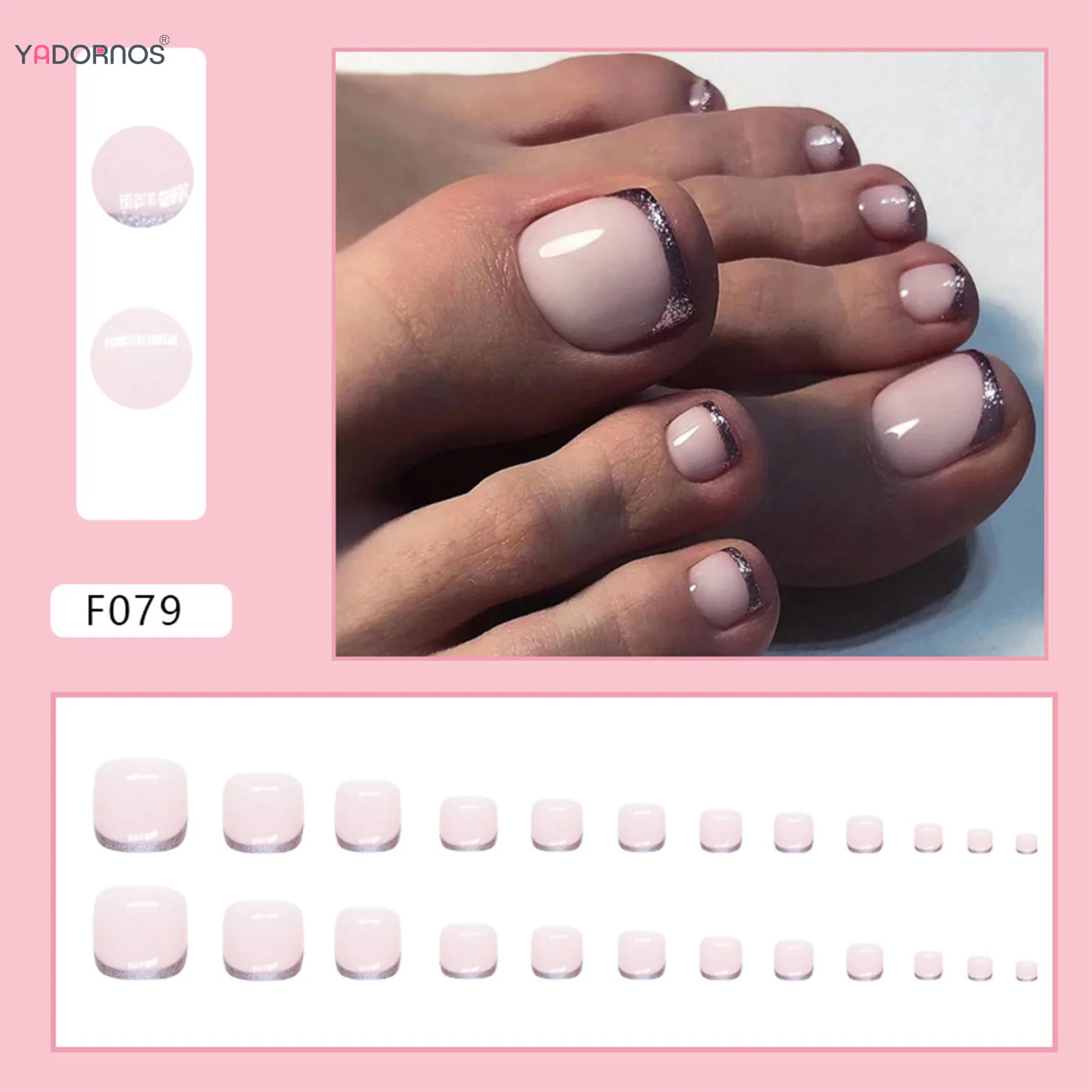 24pcs French False Toenails Nude Color with Glitter Sequins White