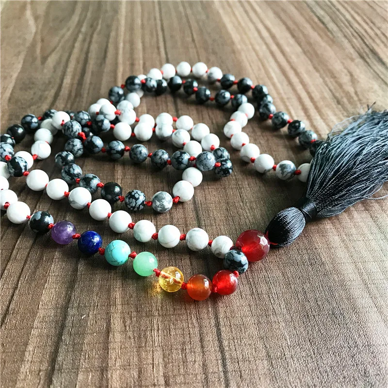 Halskette mit 108 Mala-Perlen, 7 Chakren, Quasten-Halsketten, Howlith- und Schneeflocken-Halskette, geknotete Heilenergie, Meditationsschmuck, Sweate – Detail 7