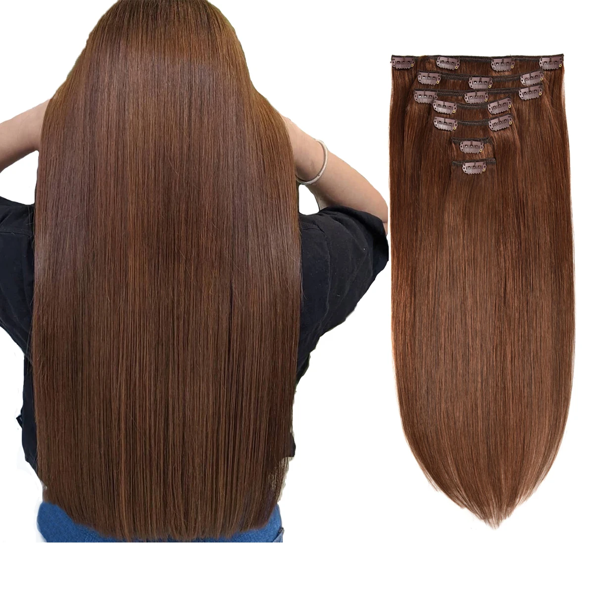 Clip in Real Human Hair Extensions 7Pcs 16 Seamless Clips Chestnut Brown Remy Hair Straight Clip ins Extensions