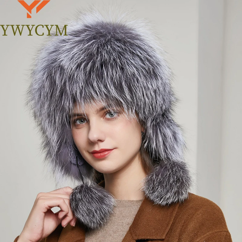 

2023 Hot Sale 100% Natural Silver Fox Fur Women Winter Hat Knitted Cap Women Hat Fox Fur Bomber Hat Female Ear Warm Winter Must