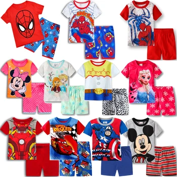 Summer Children Pajamas Set Short Sleeve Mickey Pyjamas Kids Car Boy Girls Pijamas Anna Elsa Cartoon Spiderman Baby Sleepwear