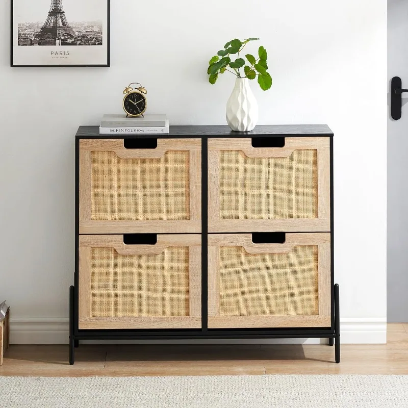 

Natural Rattan 4 Flip Down Free-Standing Shoe Rack, Shoe Cabinet Wood Organizer Freestanding