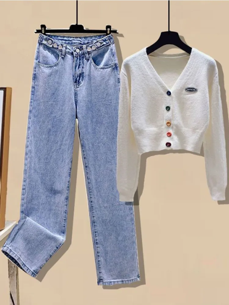 Temperament Women's Set Spring Korean New Sweater Knitwear+High Waist Wide Leg Pants Casual Two Piece Set