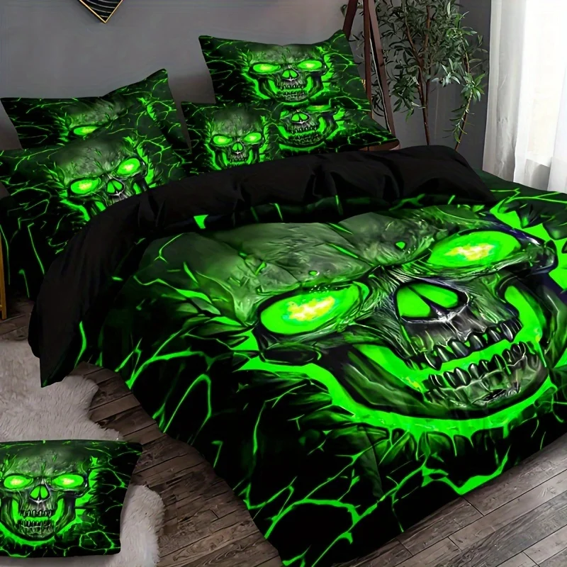 Soft and Comfortable Green Light Skull Pattern Quilt Cover Set - Decorative Bedding Set for Bedroom, Guest Room and Dormitory