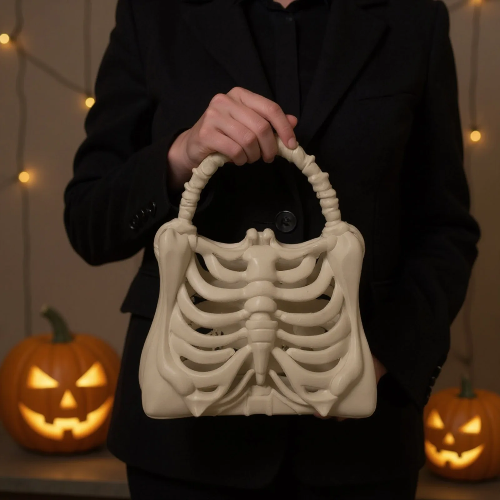 3D Printed Skeleton Handbag Gothic Rib Cage Shape Purse Unique Halloween Party Clutch Bag for Women