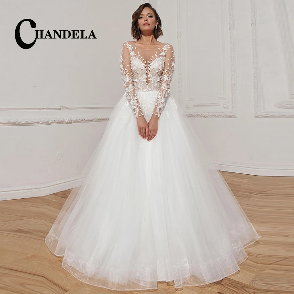 

CHANDELA Classic Wedding Dresses Long Sleeves Appliques O-Neck A-Line Pleat Bridal Gown Robe De Mariée For Women Custom Made