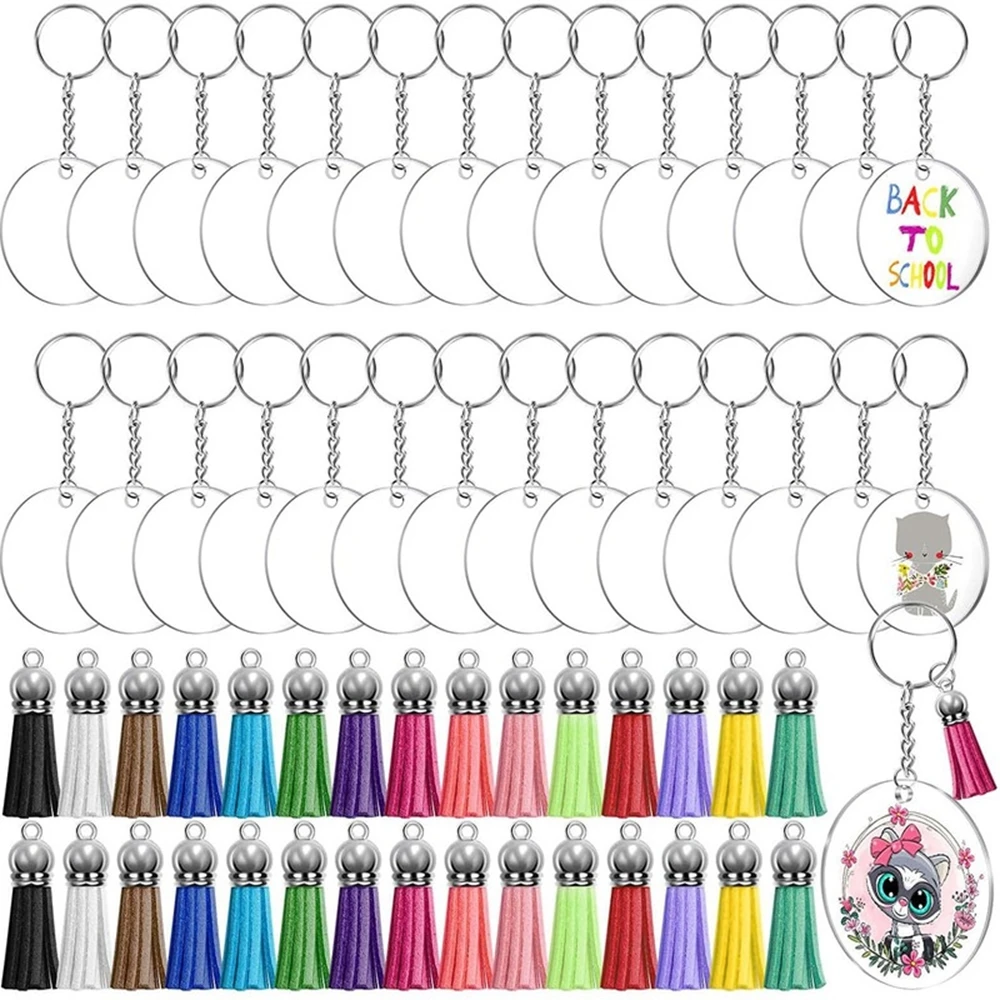 

90/120pcs DIY Keychain Mixed Color Tassel Pendant Round Acrylic Key Chain Metal Keychain Ring Set for Diy Craft Gifts