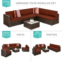 7-piece modular outdoor sectional wicker patio conversation set w/ 2 pillows, coffee table, cover included - brown/dark rust 2