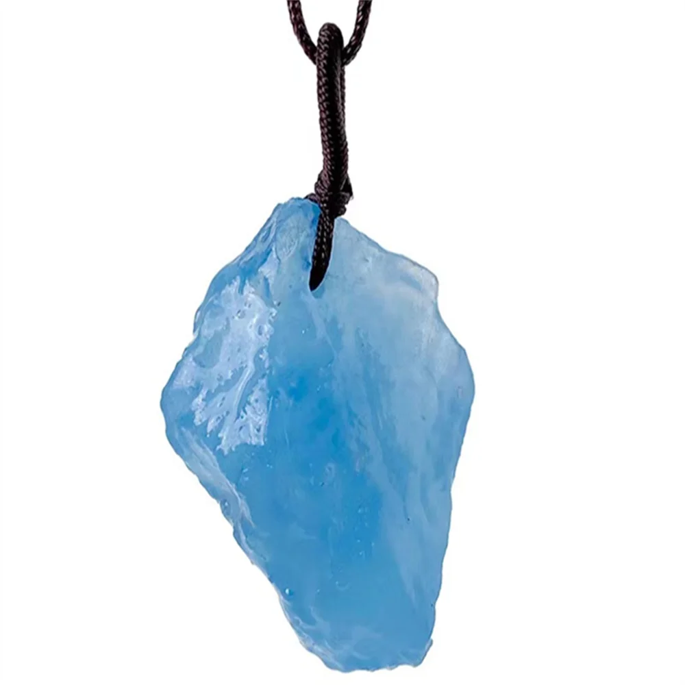 

Natural Brazilian ice aquamarine crystal raw stone pendant Reiki Healing stone hand-woven hanging sweater necklace decorative ac