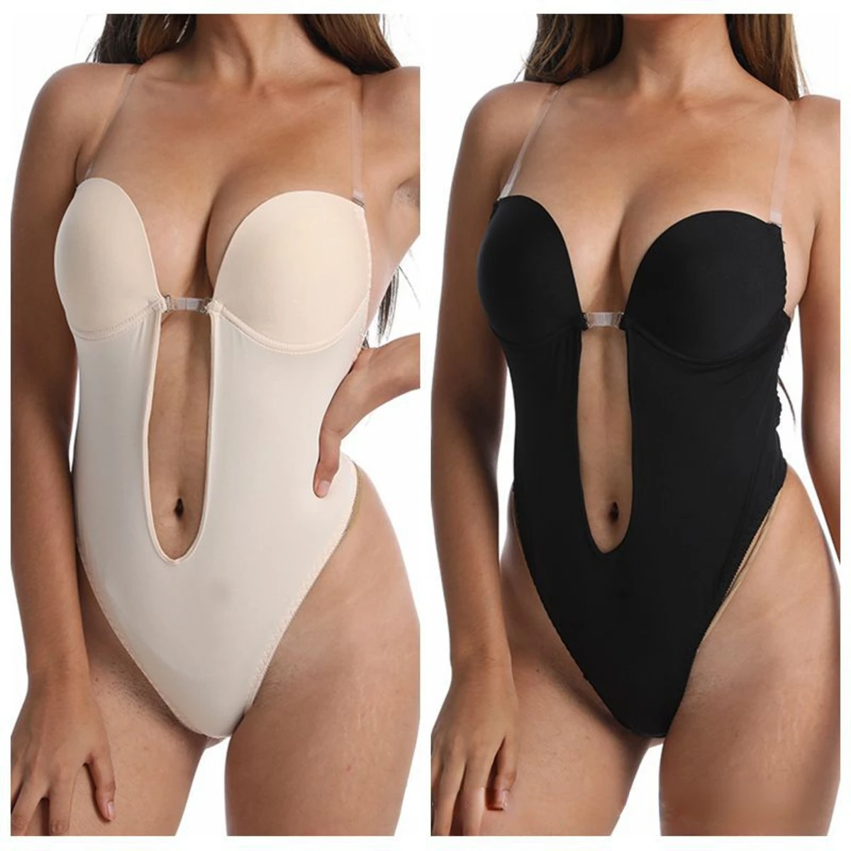 

Steel Ring Sexy Back Bra Underpants Fashion Solid Color Black Skin White Women Bodysuit One-piece Bra Briefs
