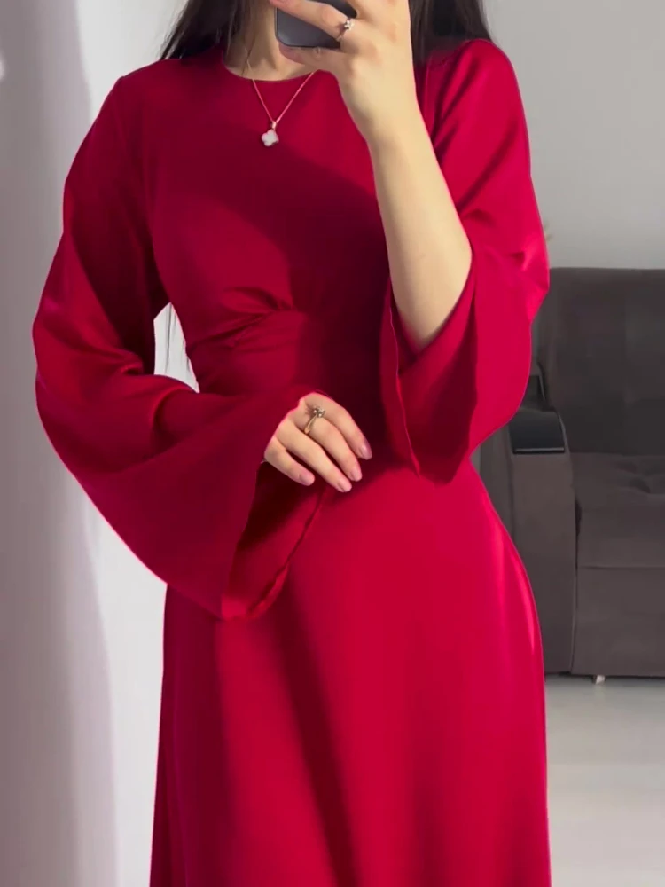 New in Summer Dress Women Fashion Solid Color Satin Dress Women High Neck Long Sleeve High Waist Tie Up Elegant Slim Maxi Dress 3