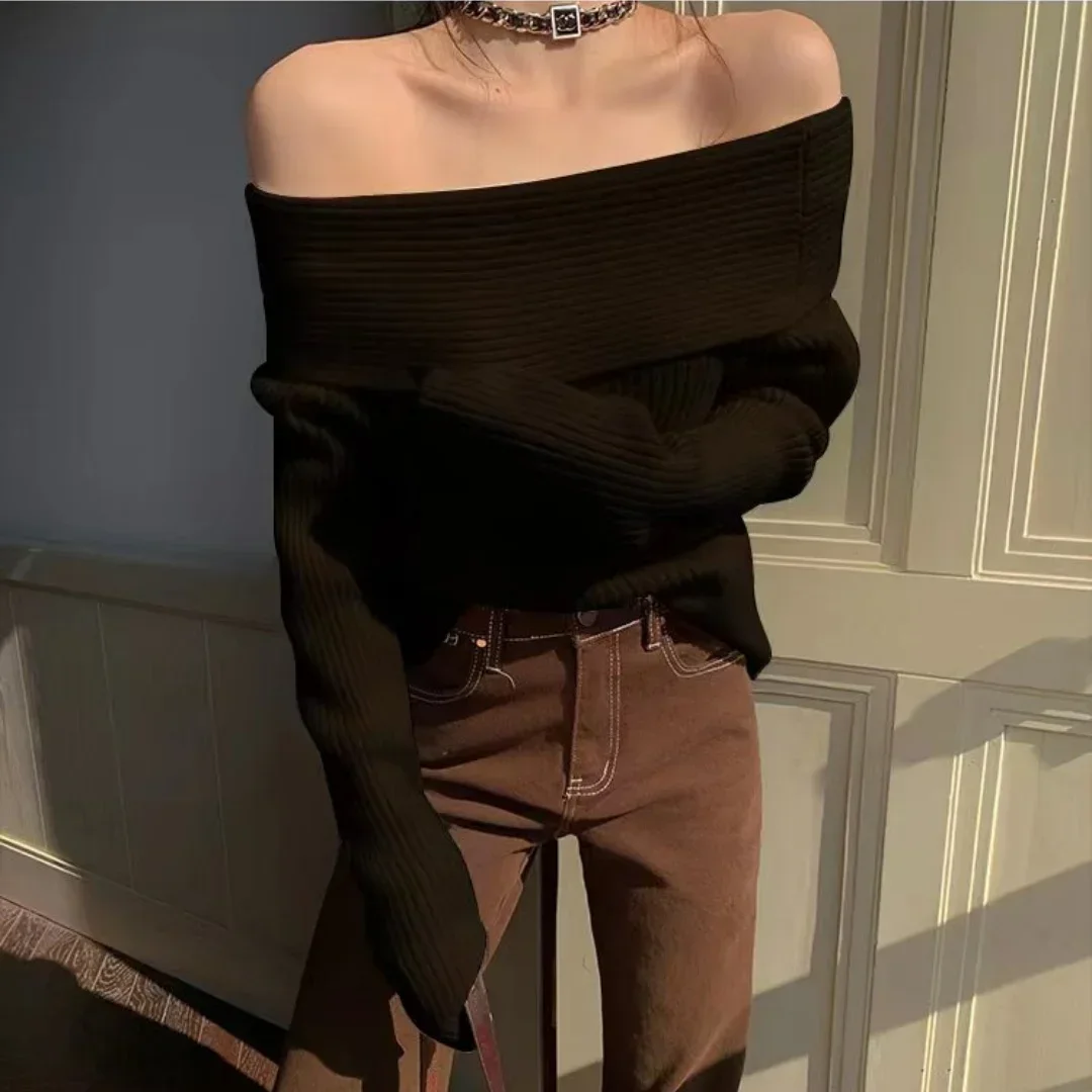 Fashion Autumn New Women's Slim-fit Long-sleeved Sweater One-word Shoulder Off-the-shoulder Women's Knitwear Sexy Top