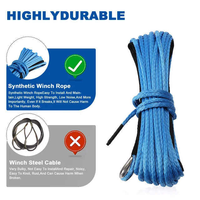 50ft Synthetic Winch Rope 1/4 Blue - ATV UTV SUV Recovery Cable With Sleeves