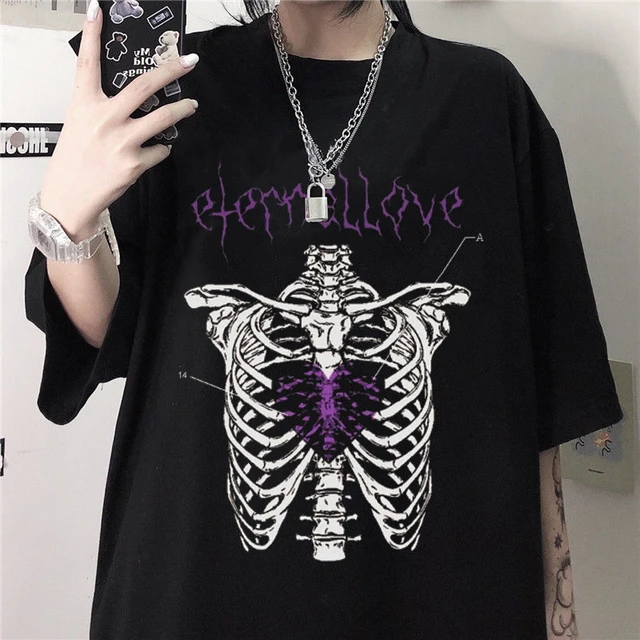 Women Gothic Short Sleeve Crop Tops Y2K T-shirts Graphic Print Tee Shirt  Summer Punk Clothes Skeleton Rib Cage T Shirts 