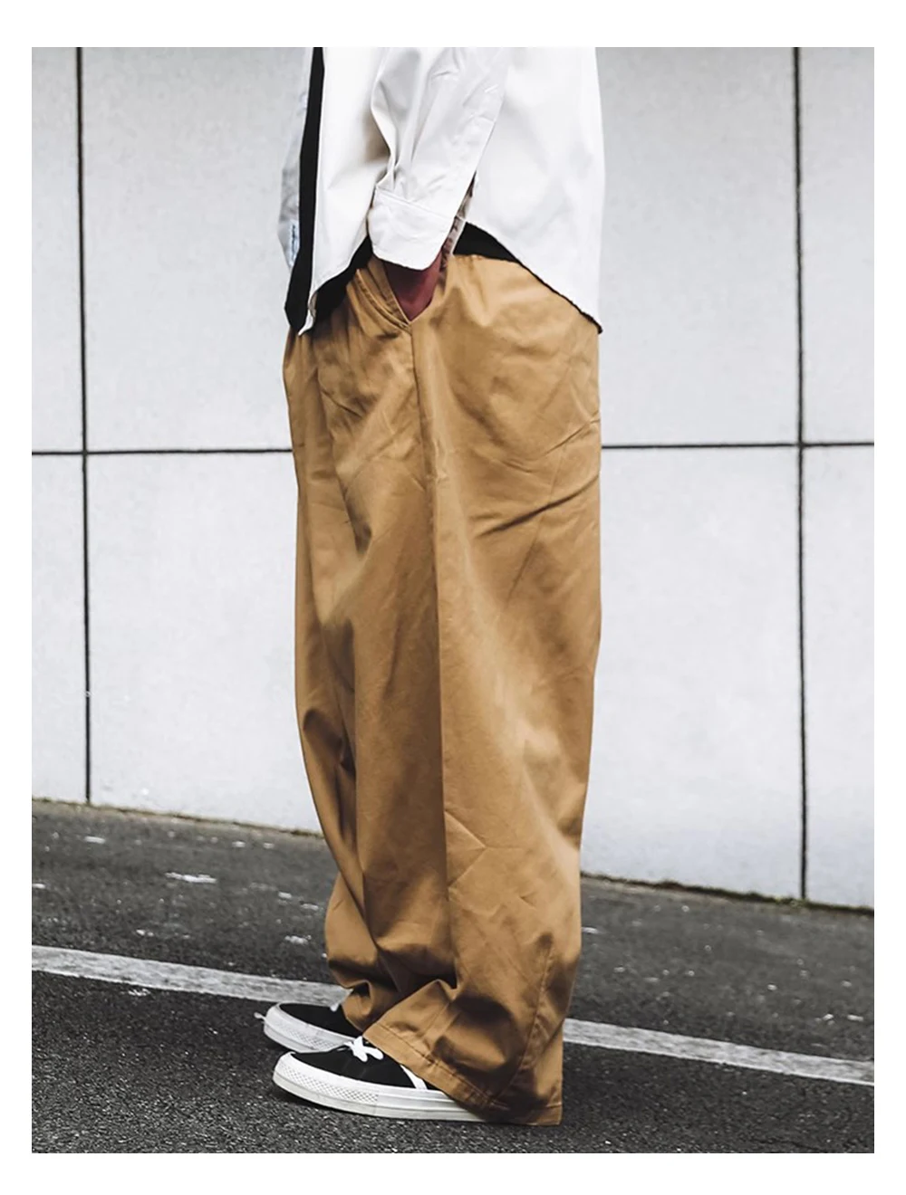 Solid Color Wide Leg Cargo Pants Mens Baggy Pleated Streetwear Elastic Waist Casual Loose Trousers Men
