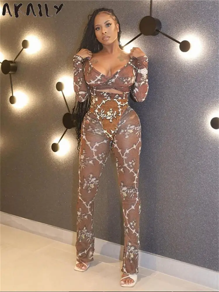 

Akaily осень мода сексуальный коричневый Графический сетчатый Комплект из трех предметов брюки для ночного клуба Одежда для женщин 2023 облегающий короткий топ брюки комплект