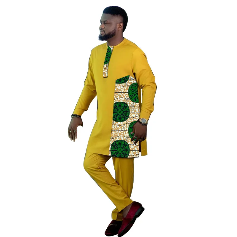 

African Print Men's Long Shirts+Trousers Customize Pant Sets Nigeria Fashion Male Yellow Suits Plus Size Party Clothes