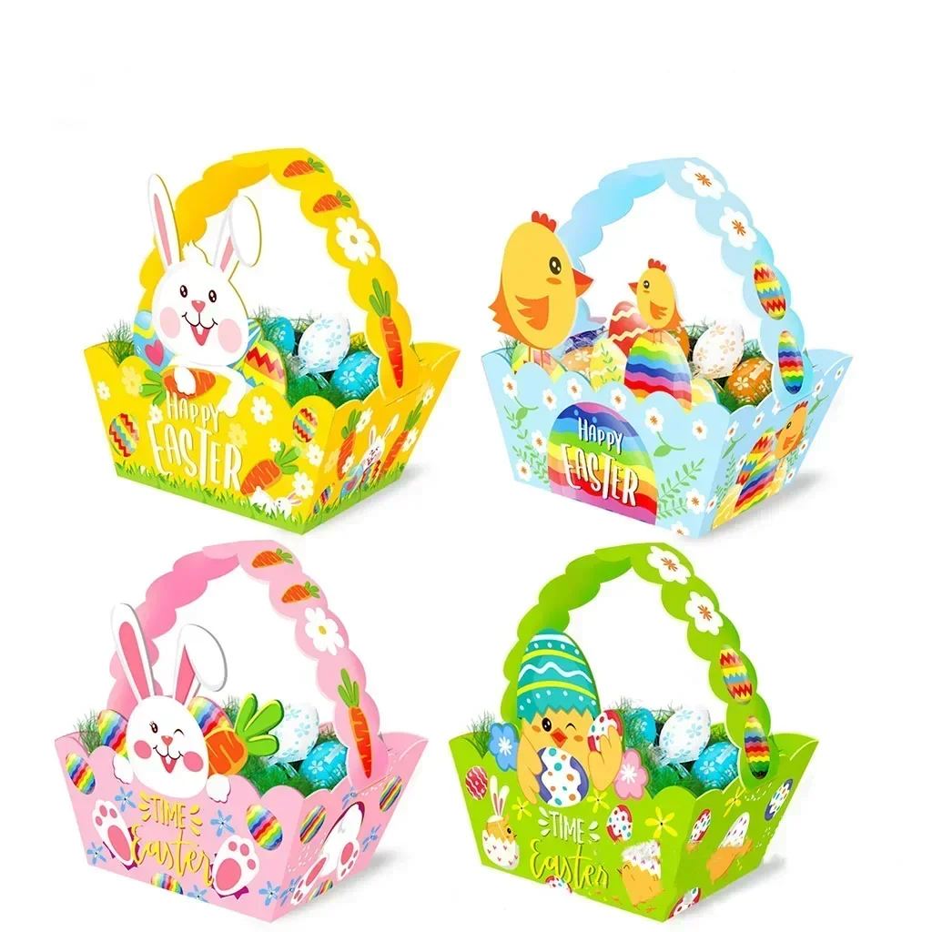 4pcs Cute Easter Paper Basket Cartoon Bunny Chick Party Easter Eggs DIY Rabbit Candy Bag Happy Day Party Gifts Decor