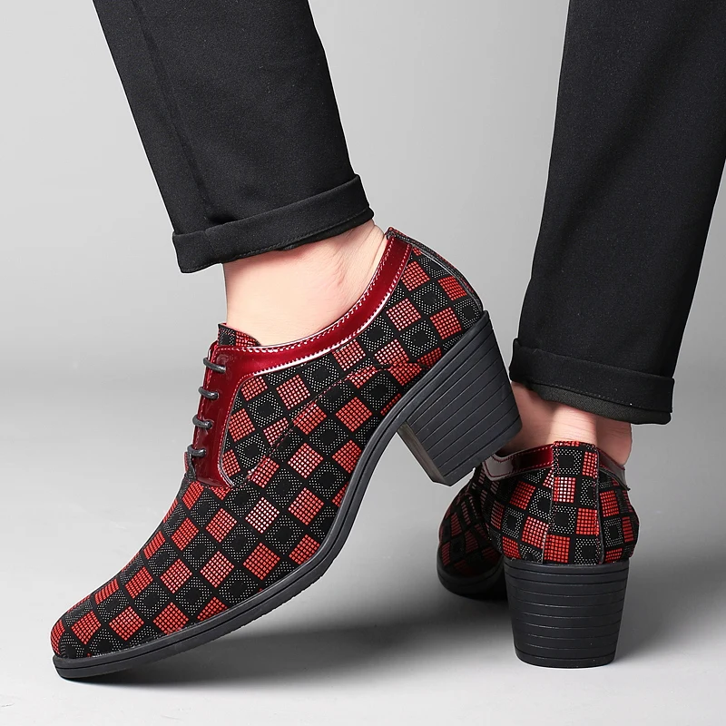 New Fashion Blue Plaid Men's High Heel Shoe Pointed Leather Dress Shoes Men Lace-up Wedding Shoes Men zapatos hombre vestir