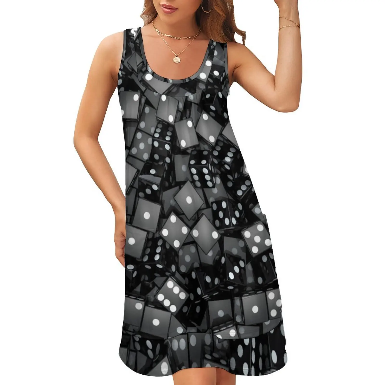 

Black dice Sleeveless U-Neck Fake Two Piece Dress dress for women women dress