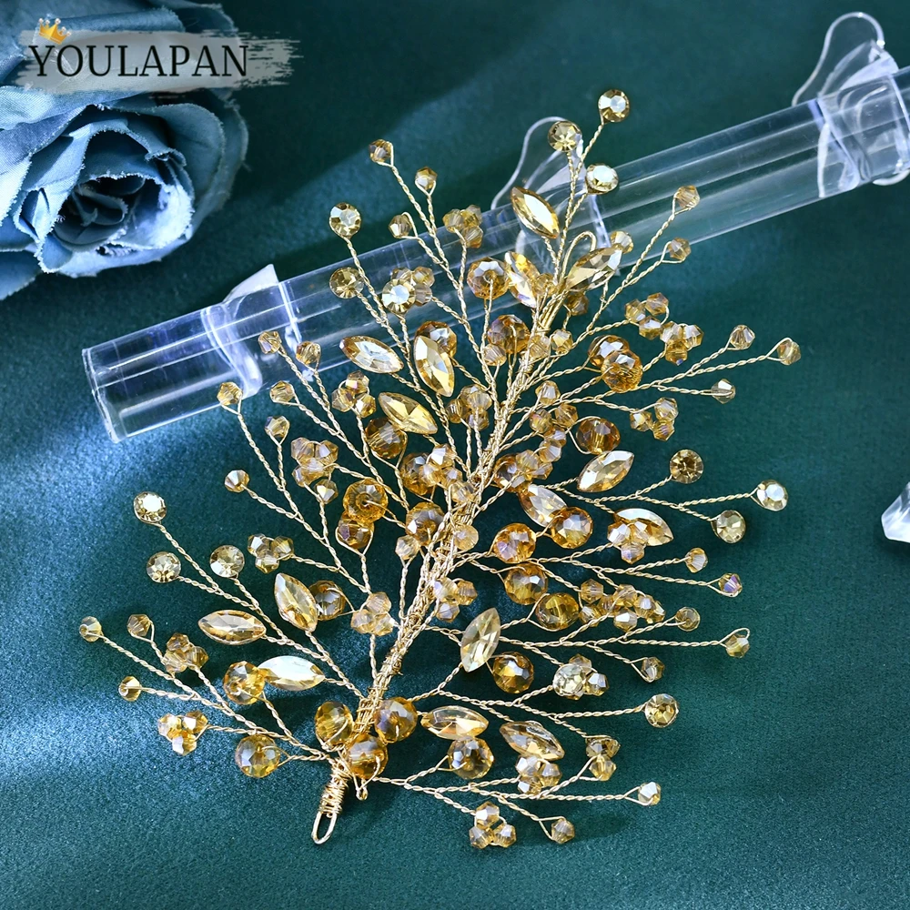 YouLaPan 빈티지 샴페인 라인스톤 신부 헤어 피스 크리스탈 사이드 헤드밴드 신부 프롬 웨딩 게스트 헤어 액세서리 A235