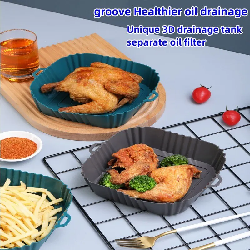 Air Fryer Accessories 1PC Air Fryer Oven Baking Tray Silicone Tray Fried Chicken Pizza Mat Oilless Silicone Pan