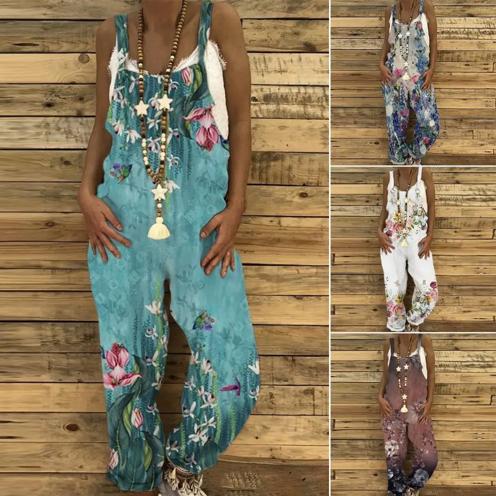 

Women Summer Jumpsuit Loose Wide Leg Casual Lady Jumpsuit Vintage Flower Printing Sleeveless Women Overall Female Clothes