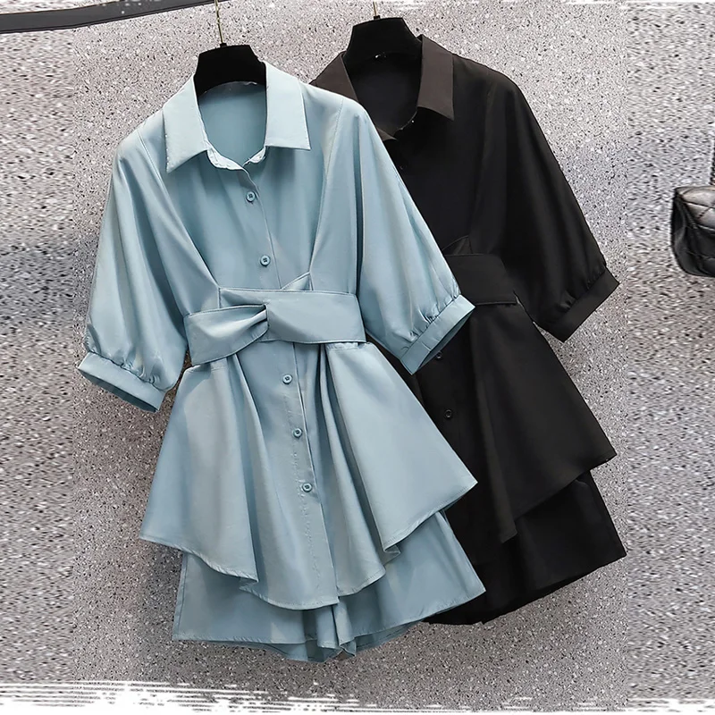 

Женский шифоновый костюм из двух предметов, рубашка и шорты большого размера с тонкой талией, весна-лето 2023