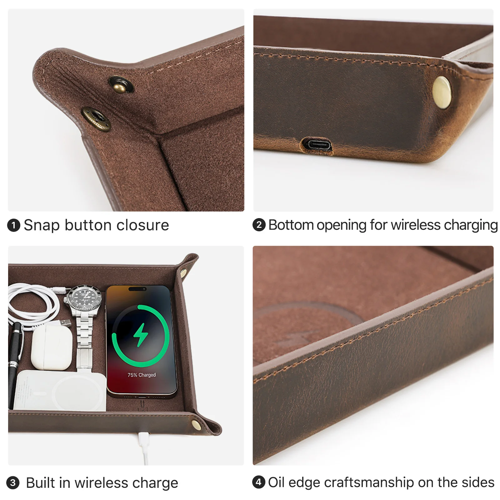 Creative Genuine Leather Valet Tray with Wireless Charging for Phone Key Coin Pen Desktop Storage Sundries Case Box Ornaments 2