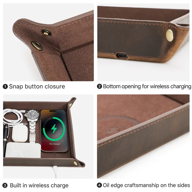 Creative Genuine Leather Valet Tray with Wireless Charging for Phone Key Coin Pen Desktop Storage Sundries Case Box Ornaments 2