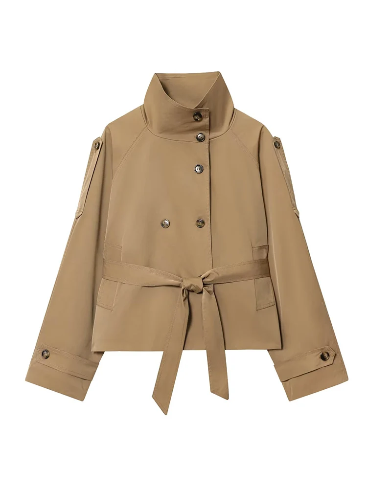 Women's Chic Stand Collar Belted Cropped Trench Coats Elegant Ladies Double-breasted 2025 Autumn New Casual Commuting Outerwear