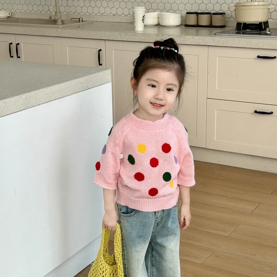 

Korean Children's Clothing Baby Colorful Polka Dot Short Sleeved 2024 Spring/Summer Girl Cute Foreign Style Knitted Sweater Top