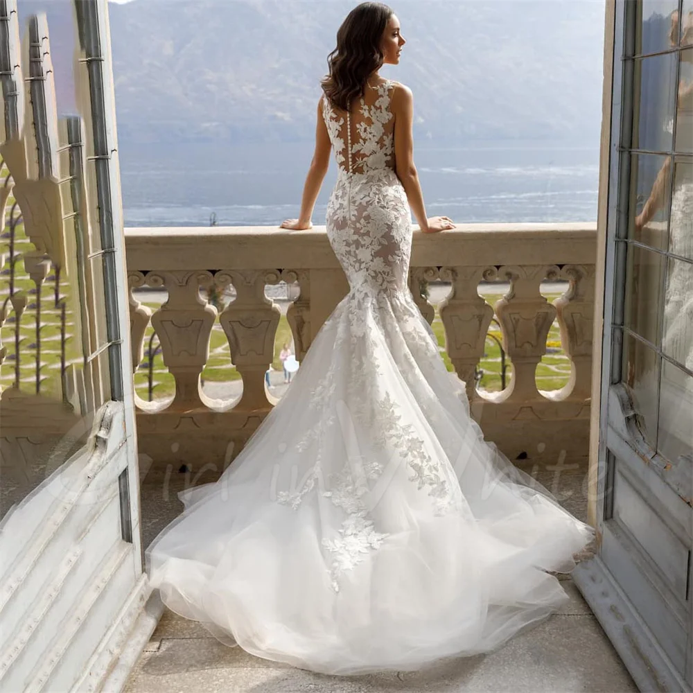 

Sexy Tulle Illusion Wedding Dresses Elegant Mermaid Lace Appliques Bridal Dress Court Train Robe Trumpet Bride Gown