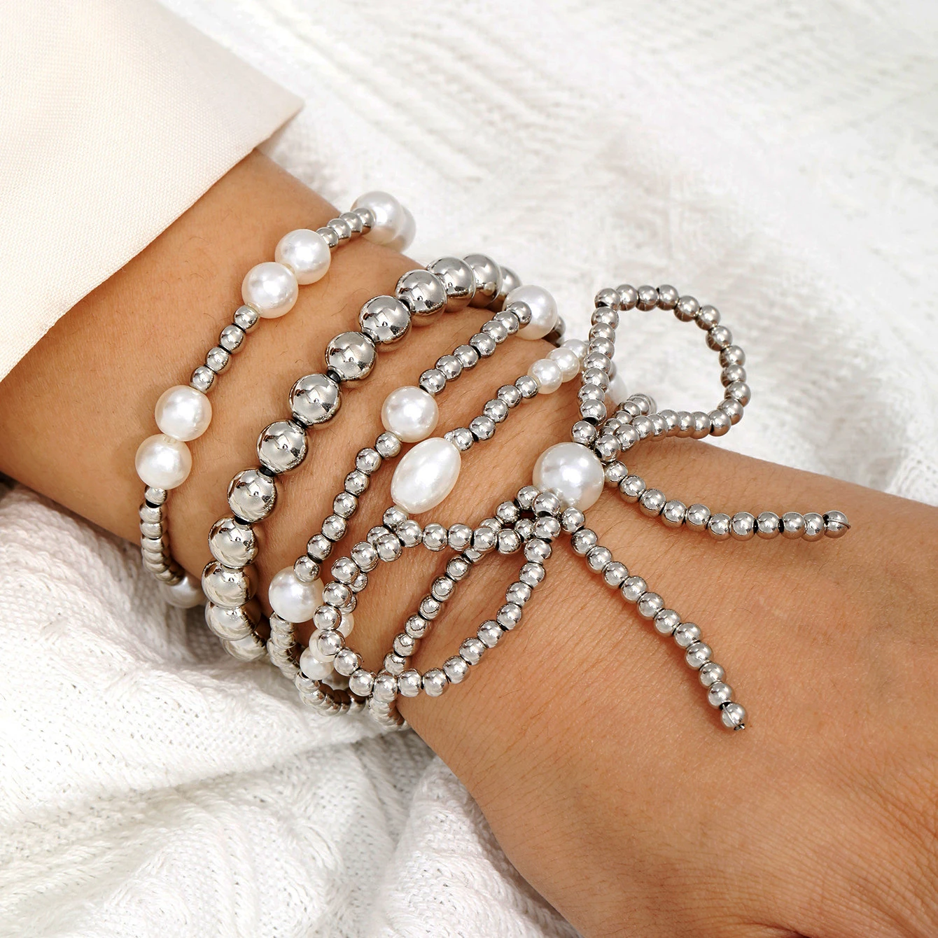 Fashion Bowknot Pearl Beaded Bracelets Set for Women Simple Elegant Gold Color Bracelets Set Summer Beach Party Ideal Jewelry