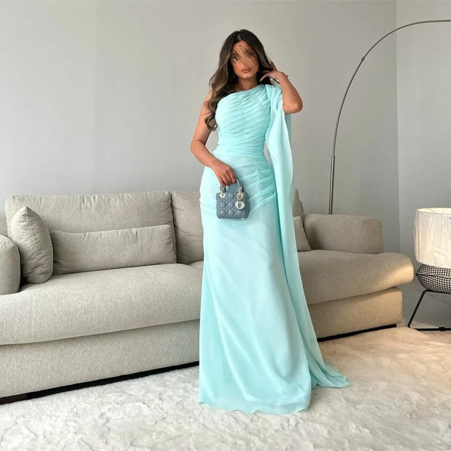 

POMUSE Elegant Long Chiffon Pleated Evening Dresses فساتين سهرة Sheath One Shoulder Floor Length Prom Dresses for Women