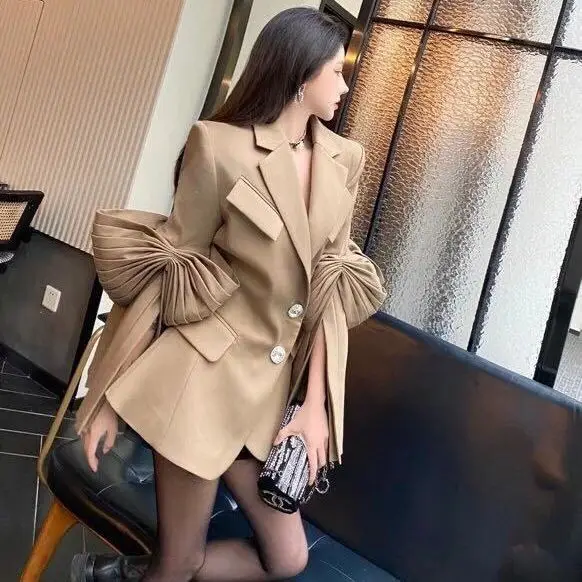 Women Blazer Designer New Fashion Ruched High Street Spring Autumn Full Notched Puff Sleeve High Street Women Coat Luxury