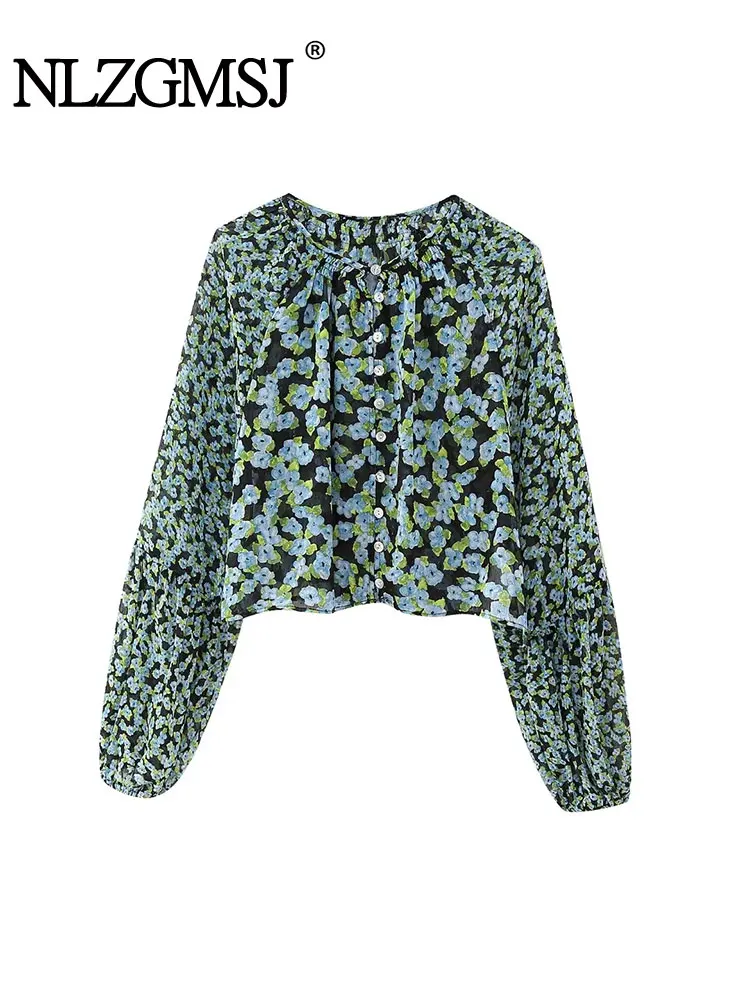 

Nlzgmsj TRAF 2023 Autumn Women New Vintage V Neck Single Breasted Flower Print Chiffon Blouse Ladies Shirts Chic Tops
