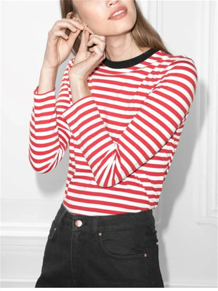 

Women's T-Shirt 2023 New Summer Spring Cotton Blended Striped Contrast Color Round-Neck Sweet Long Sleeve Tee