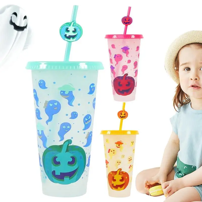 

Halloween Color Changing Cups 3pcs Tumblers With Lids And Straws 24oz Party Cup Iced Cold Drinking Cup Summer Coffee Tumblers