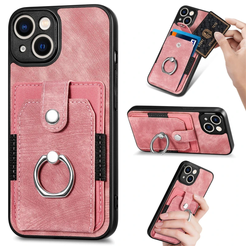 Versatile 360° Rotation Ring Kickstand Leather Wallet Card Holder with Magnetic Car Mount Compatibility