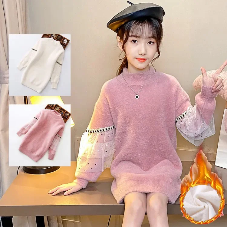 소녀용 레이스 터틀넥 스웨터, 두꺼운 긴 아동복, 가을 겨울 패션 스웨터, 5-15 세