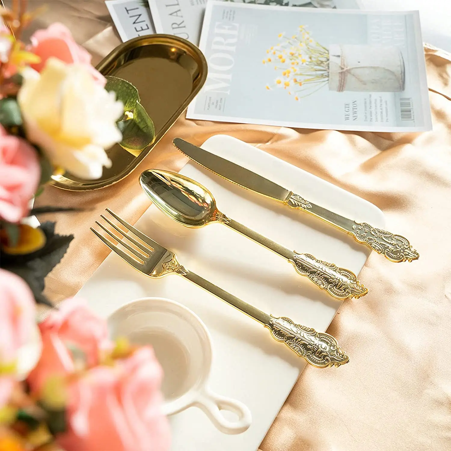 75 Pieces Gold Plastic Silverware- Disposable Flatware -Heavyweight Plastic Cutlery- Includes 25 Forks, 25 Spoons, Knives