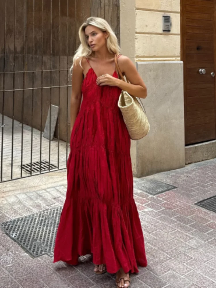 Pleated Halter Long Dress Red Large Skirt Hem Suspender Sexy