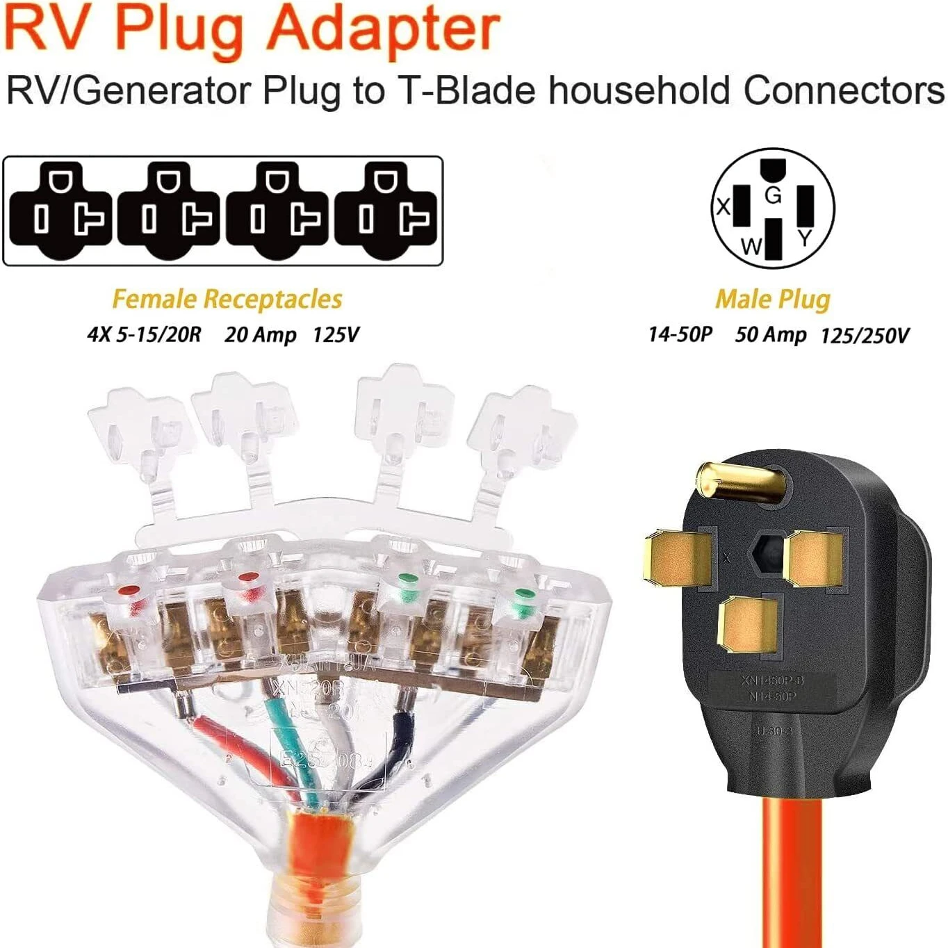 

3750w Generator Plug Power Adapter Cord 4-Prong 125V Nema L14-50P 50Amp Male Plug to 125V 5-20R/15R Female RV Parts Accessories
