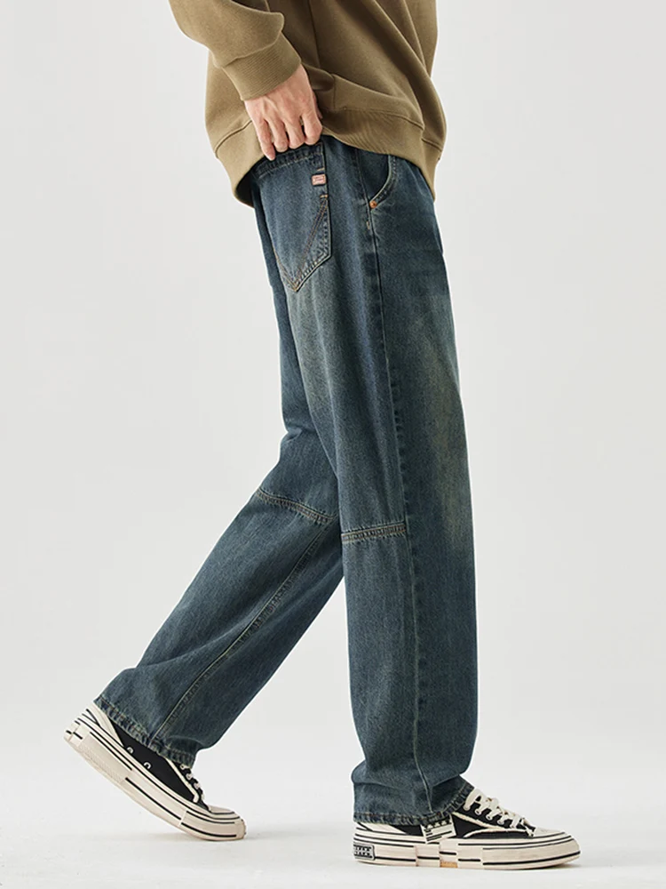 Stitching Men's Autumn Jeans Fashion Distressed High Street Youth Straight Trousers Casual Korean Wide Denim Pants Male