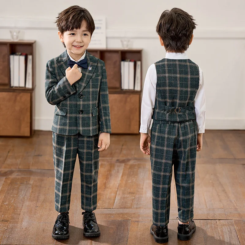 Prince Boys Wedding Dress Kids Birthday Dinner Ceremony Costume Children England Jacket Vest Pants Bowtie 4PCS Photography Suit