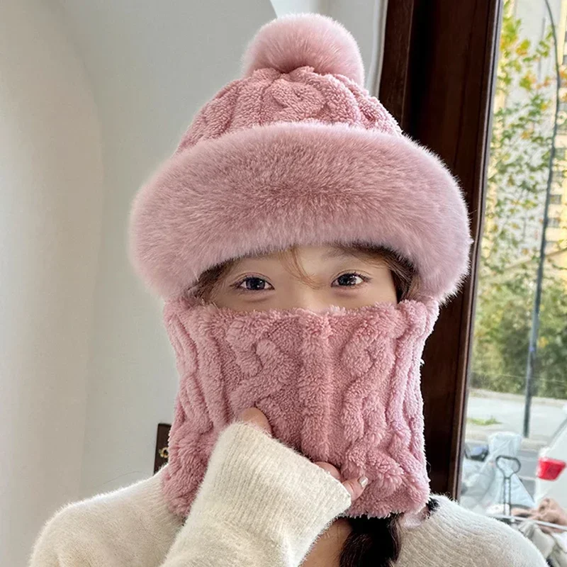 Winter Knitted Hat Scarf Mask One-Piece Plush Pompom Beanies for Women Fleece Lining Warm Bonnet Ears Neck Protection Skiing Cap 2