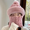 Winter Knitted Hat Scarf Mask One-Piece Plush Pompom Beanies for Women Fleece Lining Warm Bonnet Ears Neck Protection Skiing Cap 2